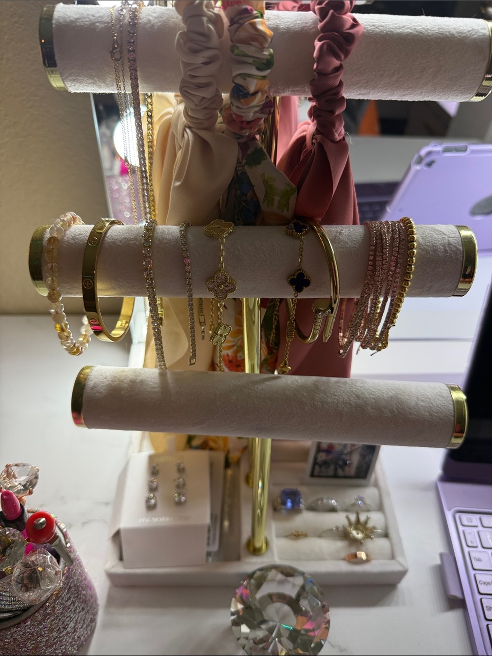 Gold Tone Bracelet Set with Pink and Cream Accents -